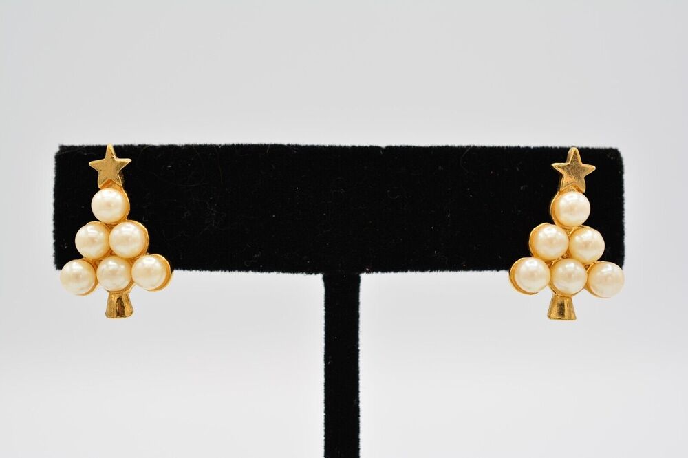 Vintage Christmas Tree Stud Earrings Pearl Cluster Star Gold Tone 1990s BinU